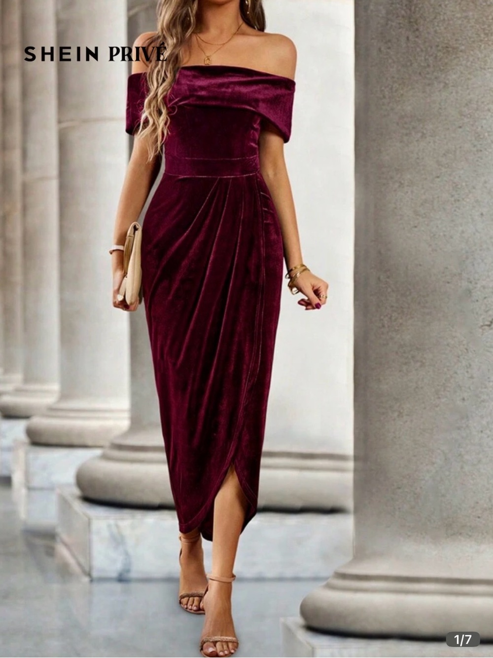 SHEIN Strapless Velvet Midi Dress in Burgundy